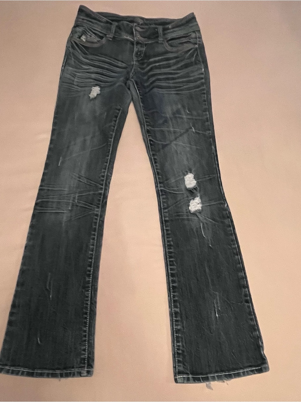 Almost Famous Y2K Low Rise Women’s Distressed & Faded Bootcut Blue Jeans